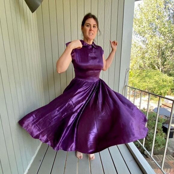 Vintage 1950s Purple Satin Formal Princess Dress Full Circle Skirt - Restored SZ - Picture 3 of 12